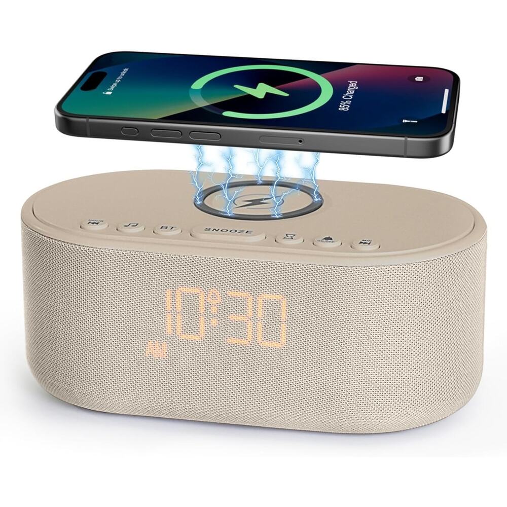 Odokee Alarm Clock with Wireless Phone Charger - All in One Bedside Speaker
